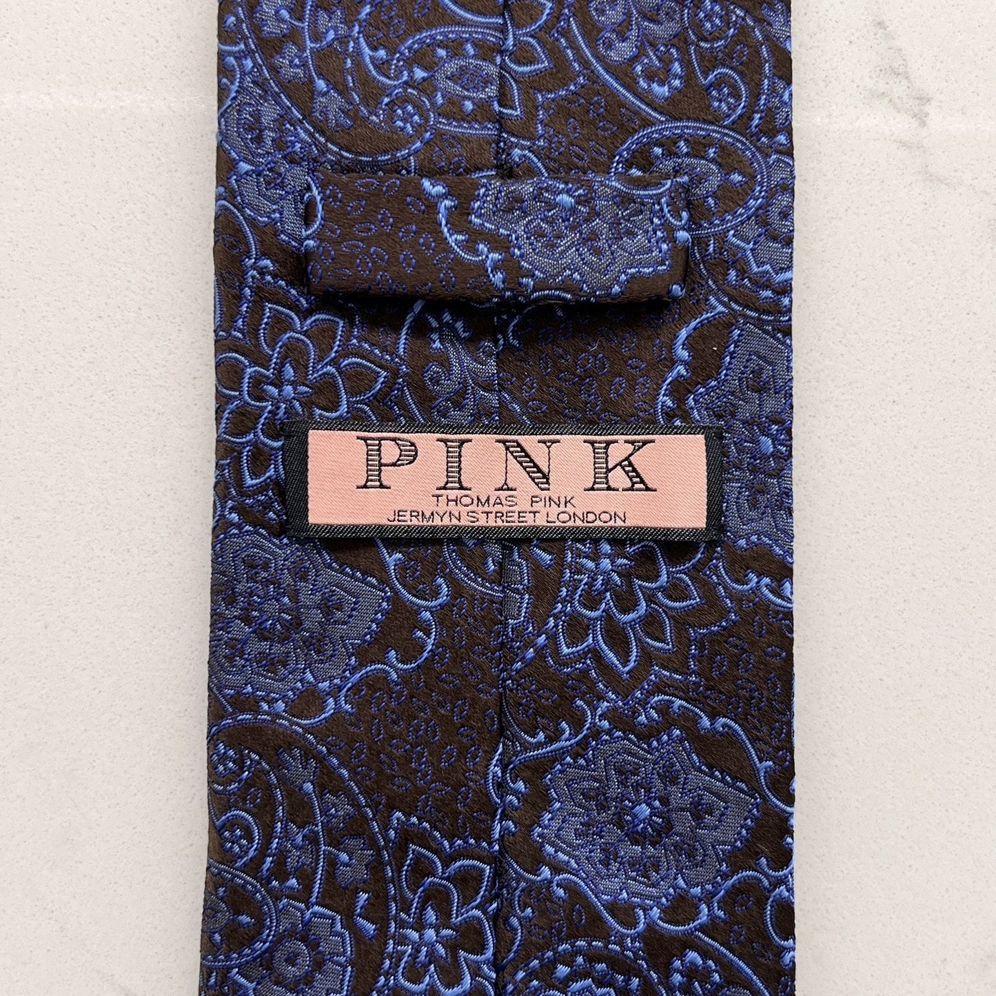 Thomas Pink 100% Silk Embroidered Designer Floral Paisley Tie Black Blue