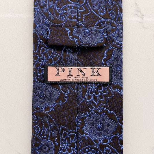 Thomas Pink 100% Silk Embroidered Designer Floral Paisley Tie Black Blue