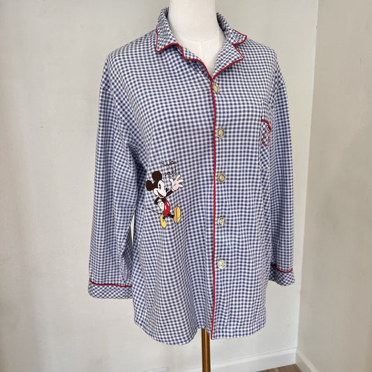 Vintage Mickey Mouse Button Front Women Pajama Shirt (L) Gingham Cozy Nostalgic