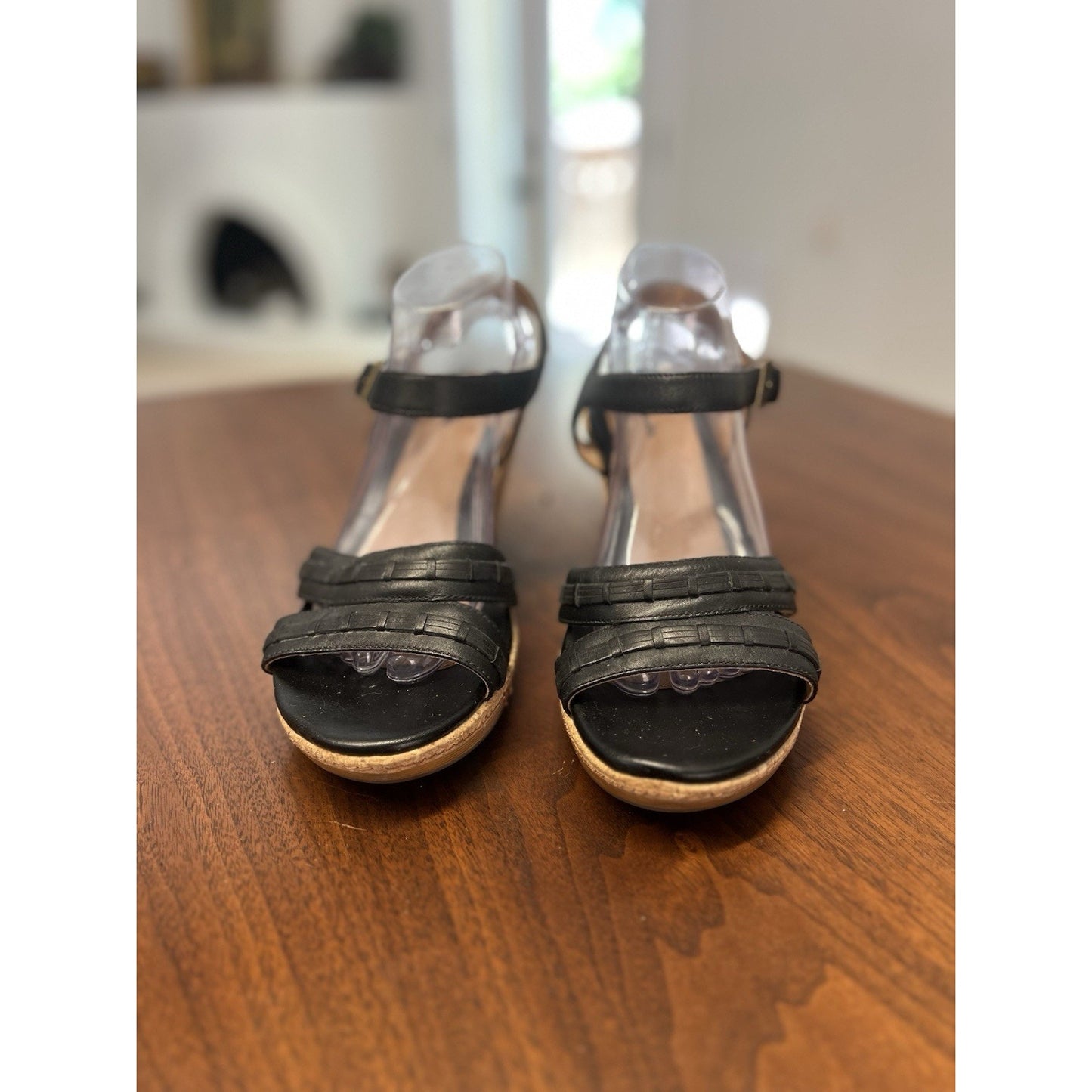 Clarks Artisan Margee Beth Black Tan Leather Wedge Sandal Ankle Strap Size 10M