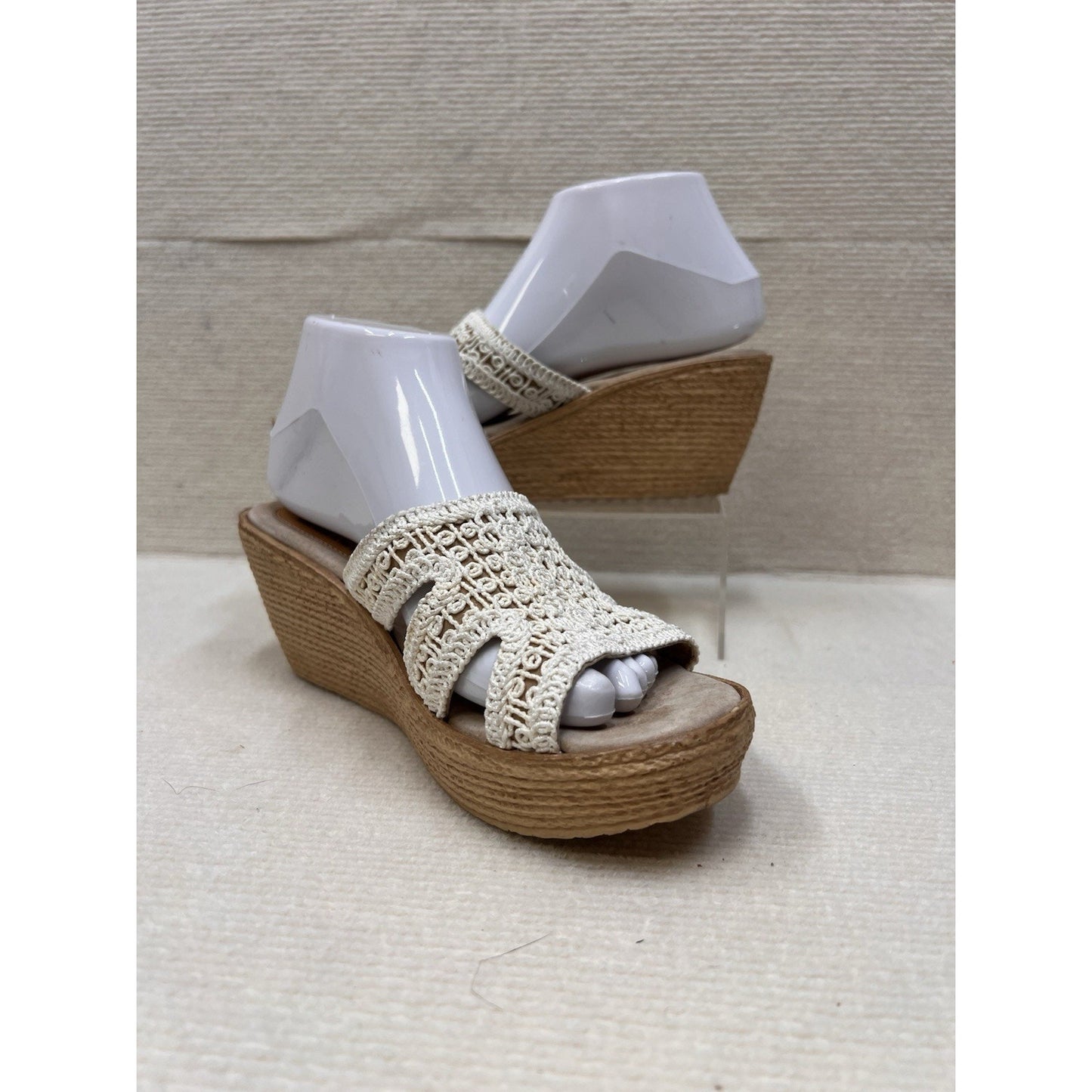 Vintage Sbicca Macrame Crochet Platform Wedge Sandals Woodgrain Slide Boho Sz 8
