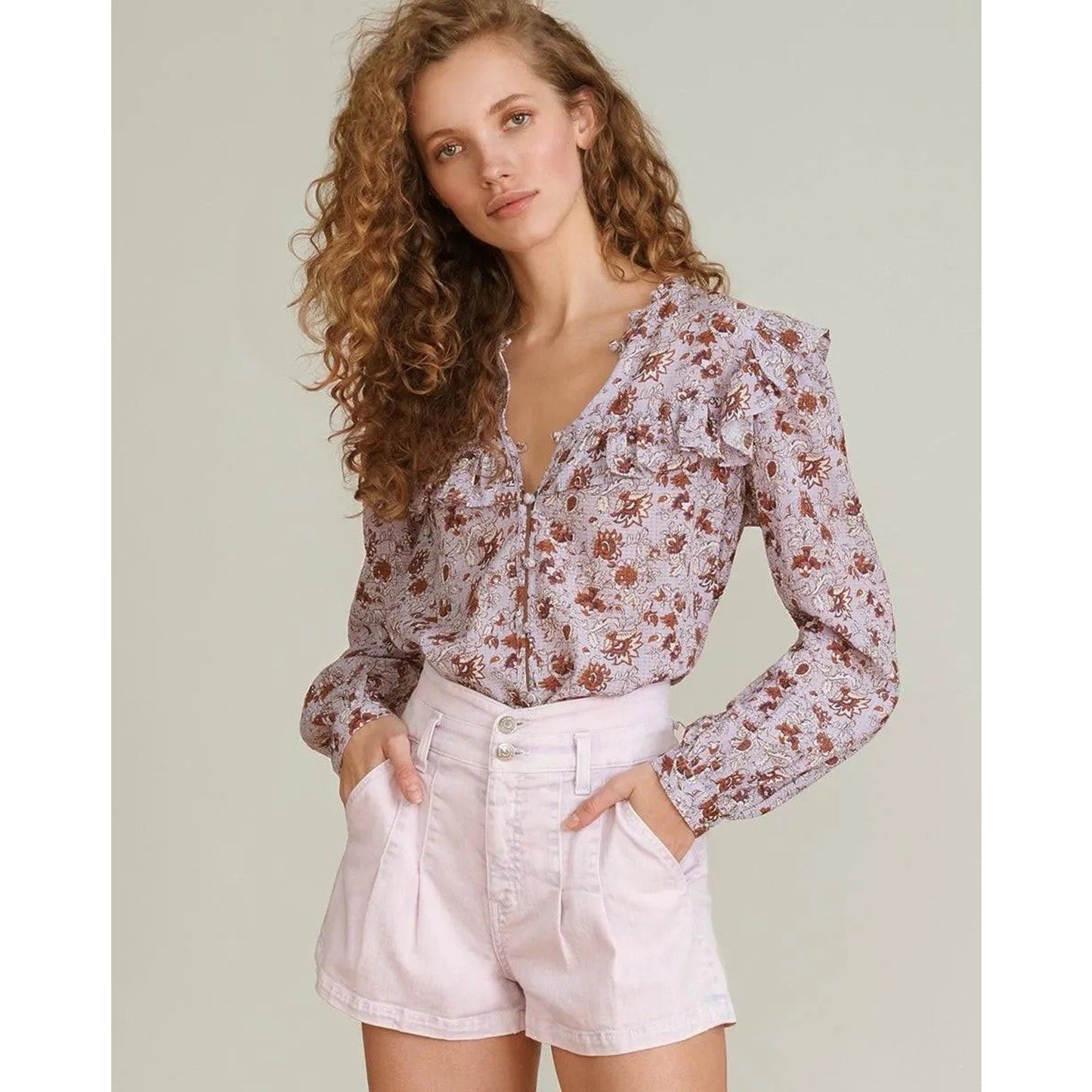 Veronica Beard 26/2 Jaylen High Rise Pleated Denim Shorts Lavender Purple