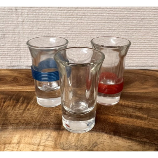Vintage Tsing Tao MCM Banded (Celluloid) Shot Glass Set of 3 Multi Color