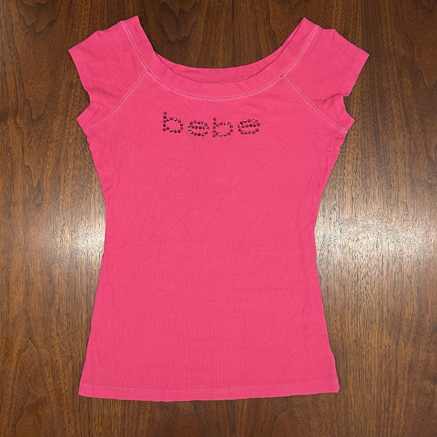 Y2K Bebe Rhinestone Crystals Logo Bling Barbie Pink Ribbed Cap Sleeve Small/Lg