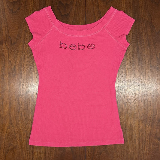 Y2K Bebe Rhinestone Crystals Logo Bling Barbie Pink Ribbed Cap Sleeve Small/Lg