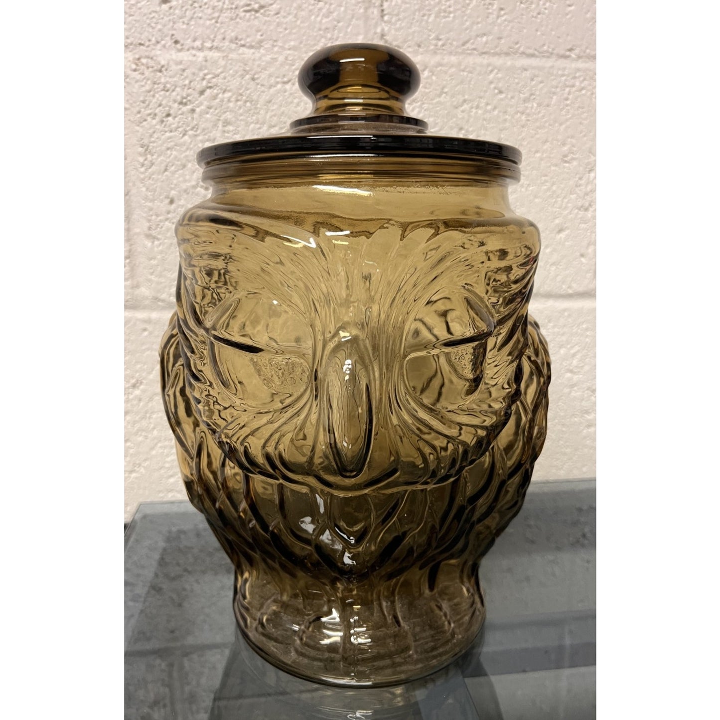 Vintage Amber Glass Owl Cookie Jar with Lid 13" Tall Wise Owl Canister