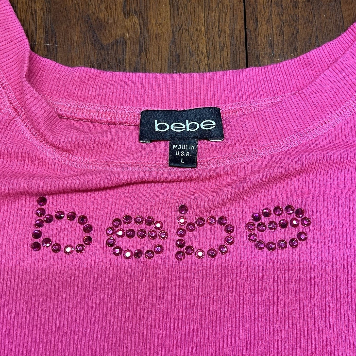 Y2K Bebe Rhinestone Crystals Logo Bling Barbie Pink Ribbed Cap Sleeve Small/Lg