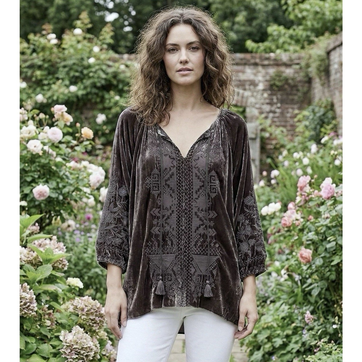 Johnny Was (S) Grey Velvet Peasant Blouse Silk Blend Tunic Top Gray Boho Tassle