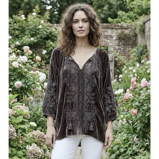 Johnny Was (S) Grey Velvet Peasant Blouse Silk Blend Tunic Top Gray Boho Tassle