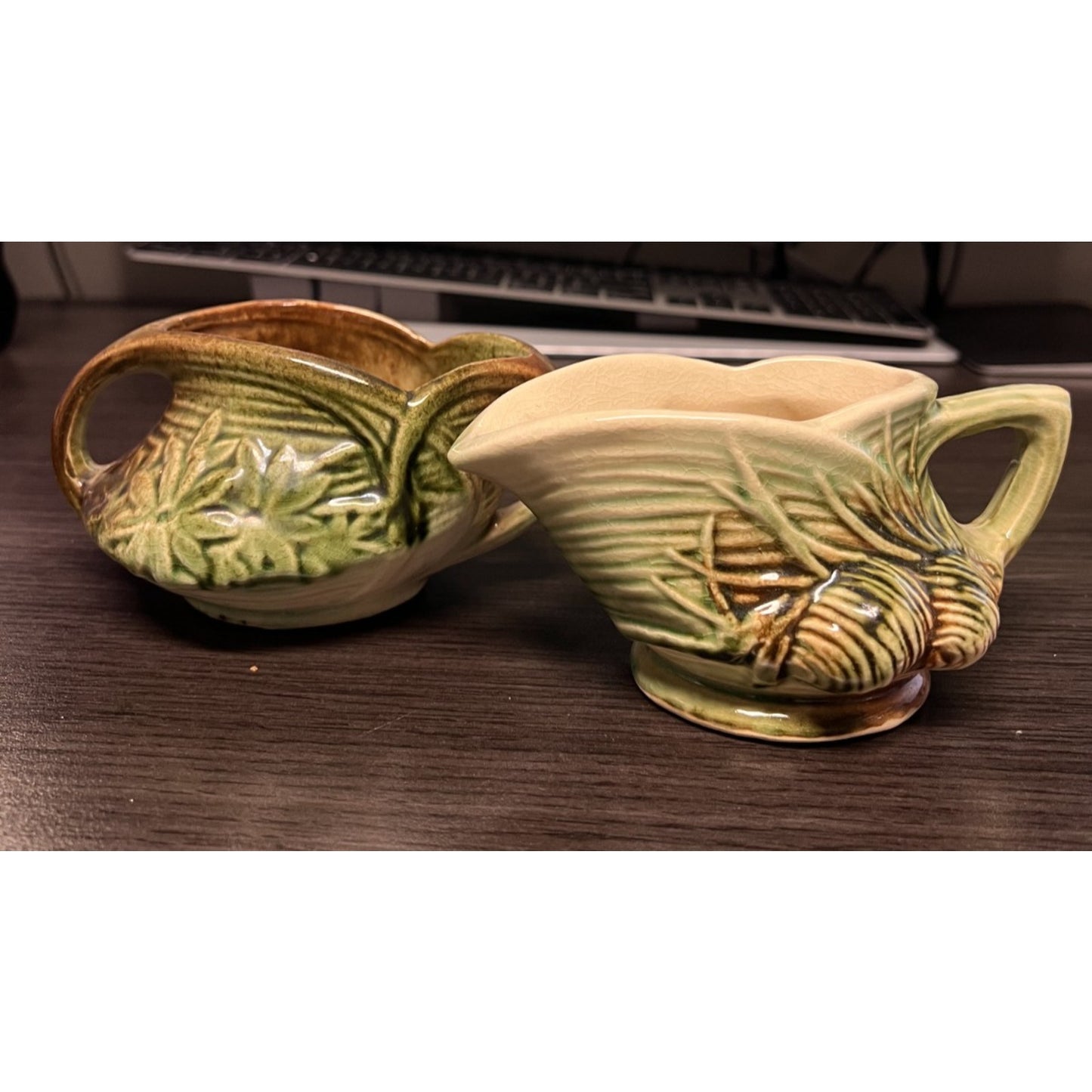 Vintage 1940's McCoy Pottery Sugar & Creamer - Green Brown Daisy Pattern