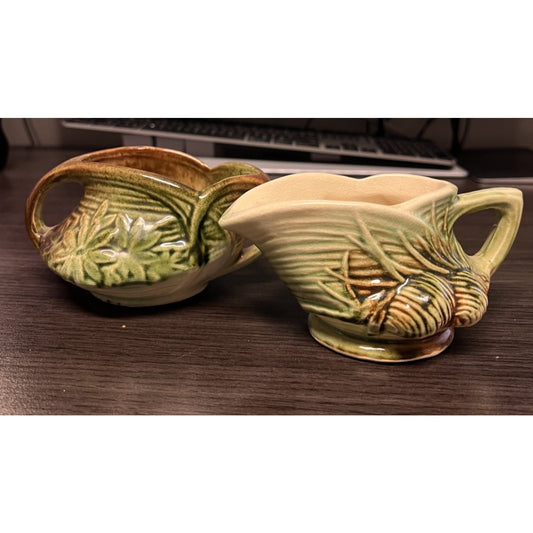 Vintage 1940's McCoy Pottery Sugar & Creamer - Green Brown Daisy Pattern