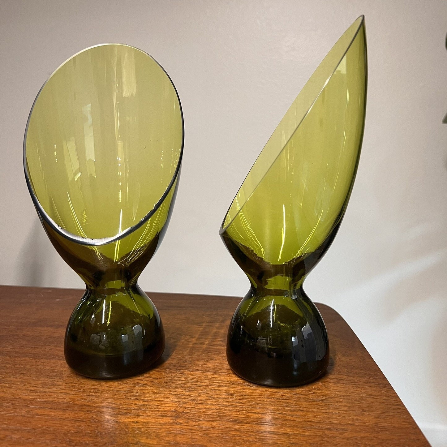 (2) MCM Retro Morgantown Coronet Slant Glass Hurricane Candle Holder Moss Green