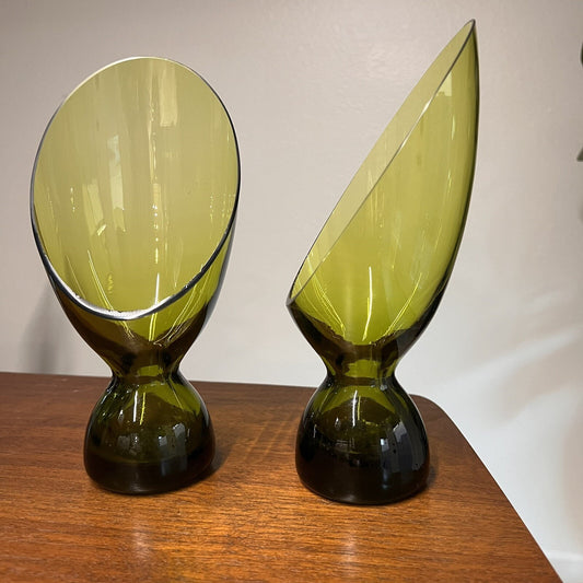 (2) MCM Retro Morgantown Coronet Slant Glass Hurricane Candle Holder Moss Green