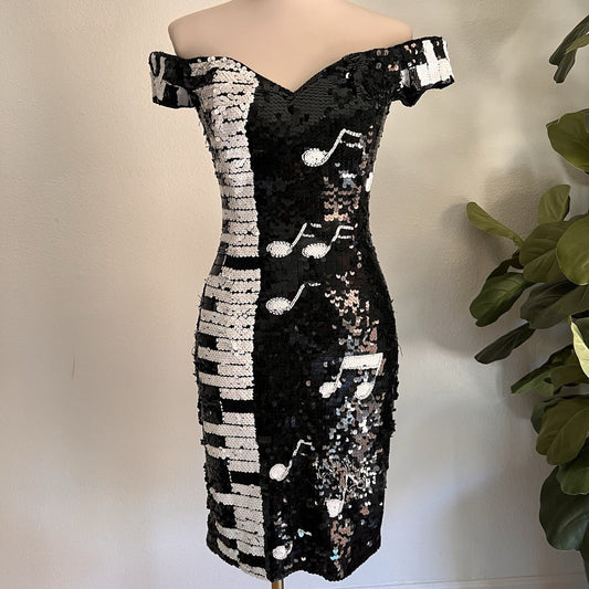 Vintage Nadine (S) Hand Beaded Piano Music Sequin Kitsch Cocktail Dress Unique