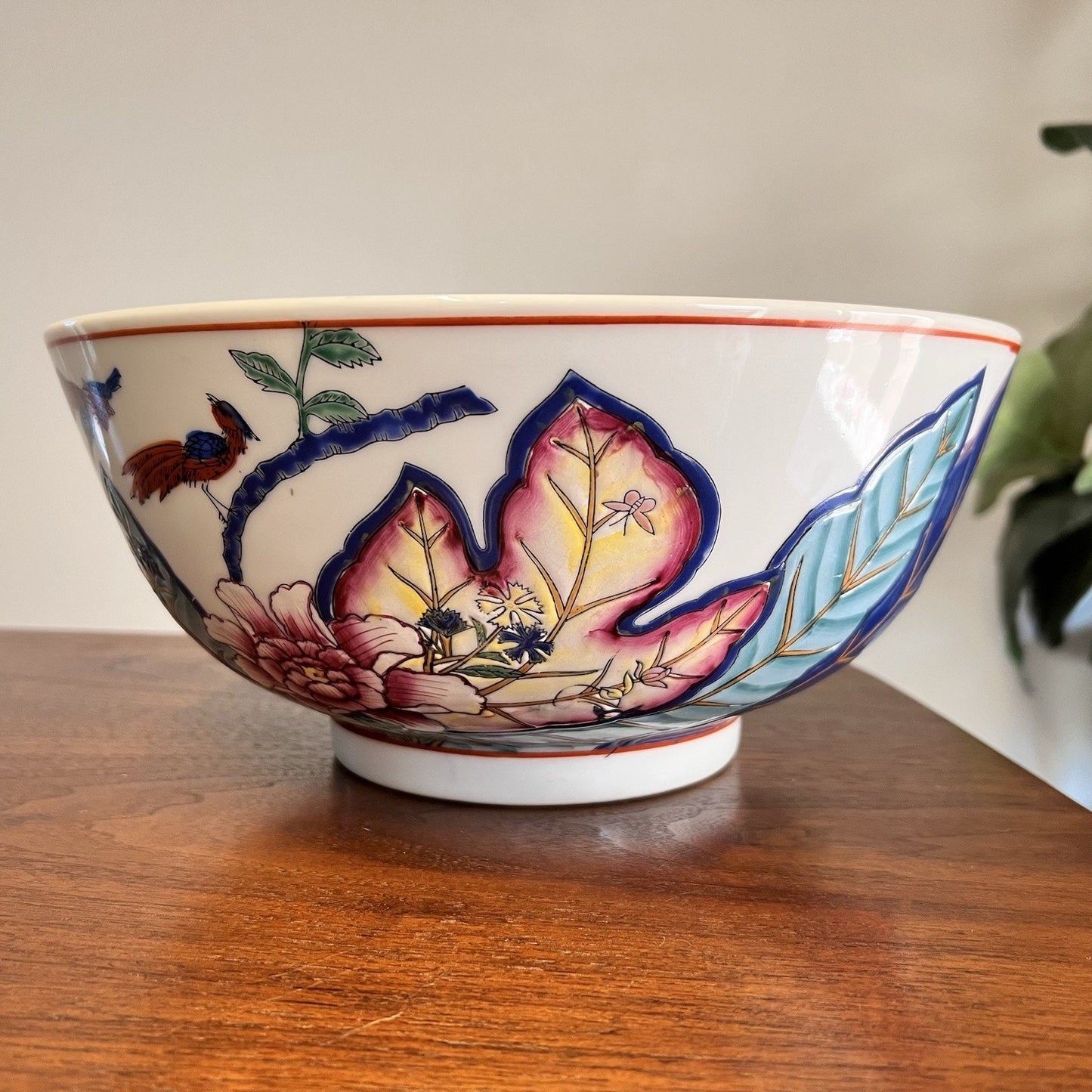 Chinese Export Tobacco Leaf Bowl 12x8” Chinoiserie Oriental Asian Hand Painted