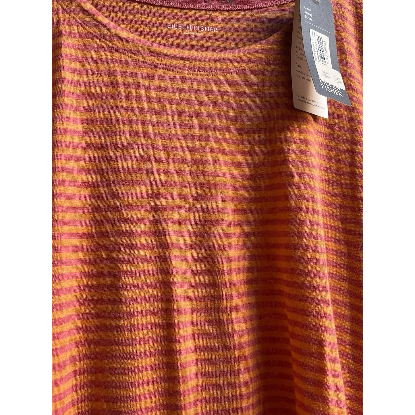 NWT Eileen Fisher (S) Linen Stripe Long Sleeve Tunic Organic Preppy Pink Orange