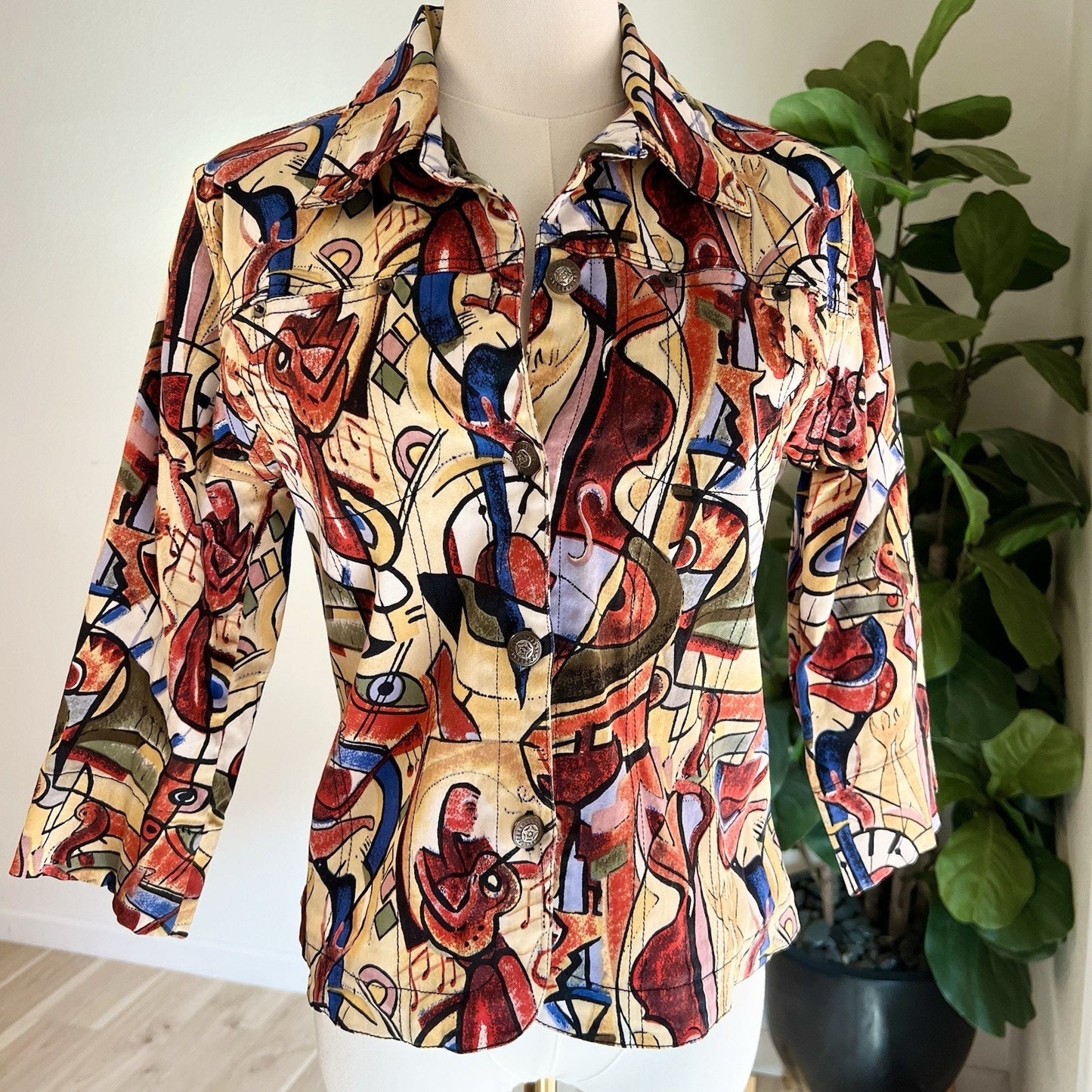 Kaktus Womans Jacket (S) Wearable Art Jazz Colorful Abstract Y2K 90s Button Up