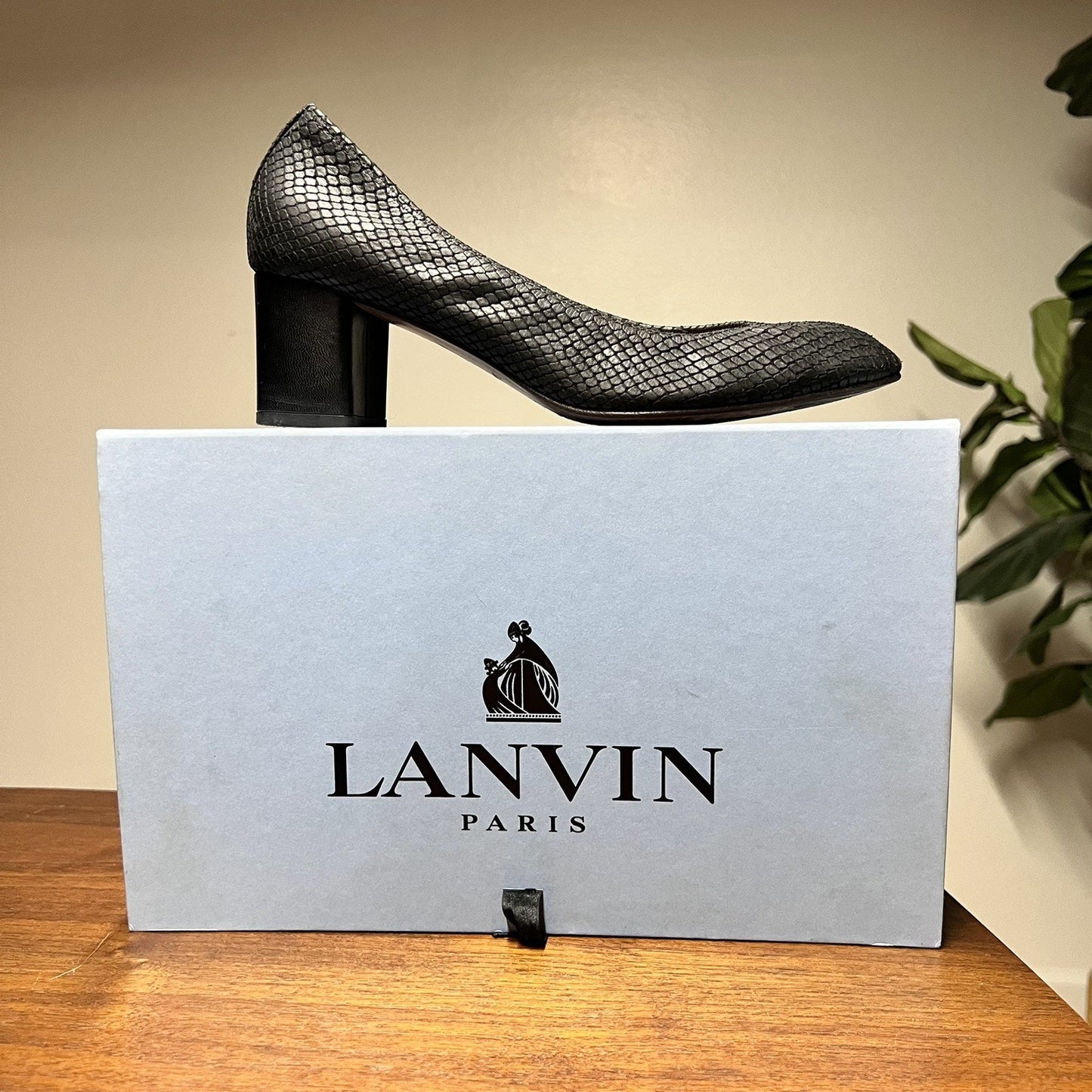 $645 Lanvin Black Snake Block Heel Ballerina Embossed Nubuck Leather 7.5 in Box