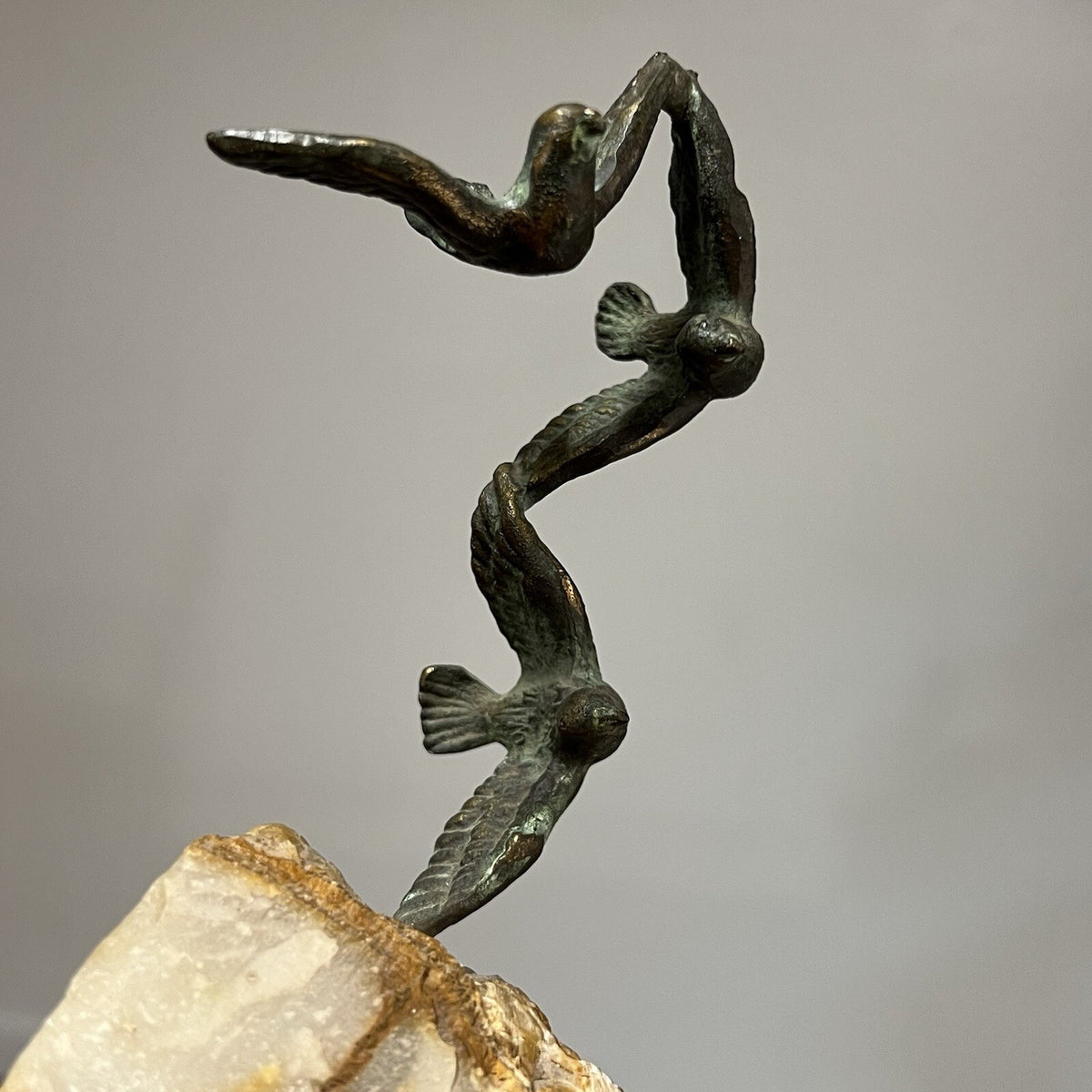 Signed Sculpture Birds In Flight Bronze And Quartz