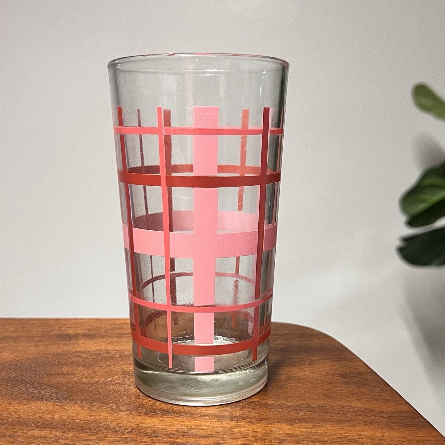 Vintage Libbey Pink Plaid Weave Glass Retro Unique Mid Century Tumbler MCM
