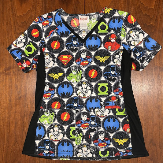 Justice League Cherokee Scrubs DC Tooniforms (S) Women’s Neck Top TF648 AOP