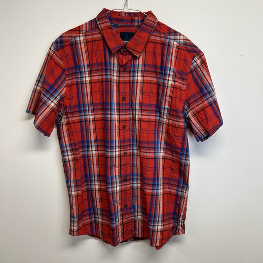 prAna Mens Benton Large Short Sleeve Button Down Shirt Red & Blue Plaid Casual