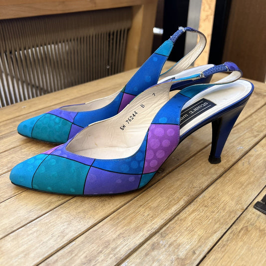 Vintage 80s Stuart Weitzman 5W Slingback Colorblock Pumps Funky Unique Heels