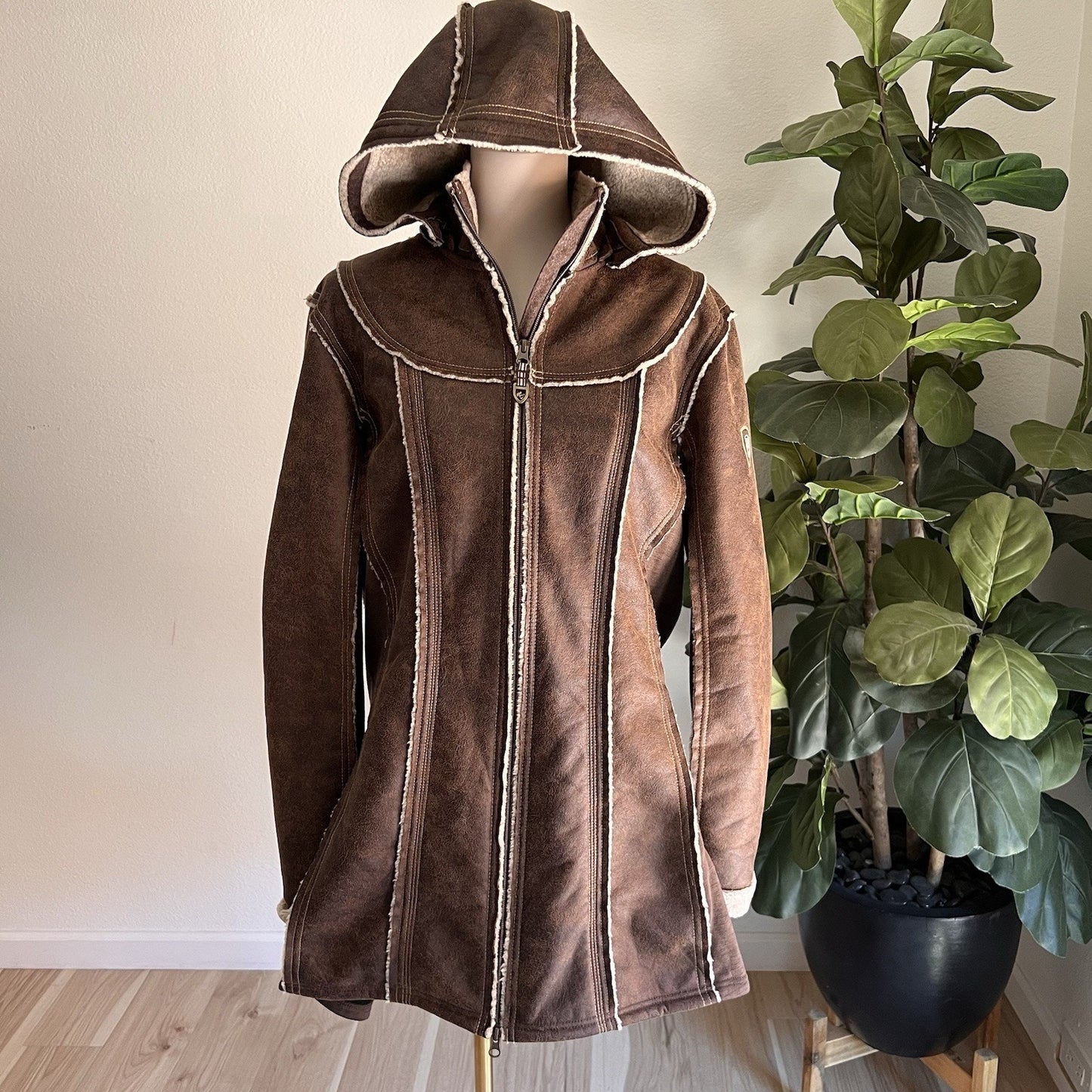 NWOT Kuhl XL Women's Dani Sherpa Trench Brown Wool Faux Leather Removable Hood