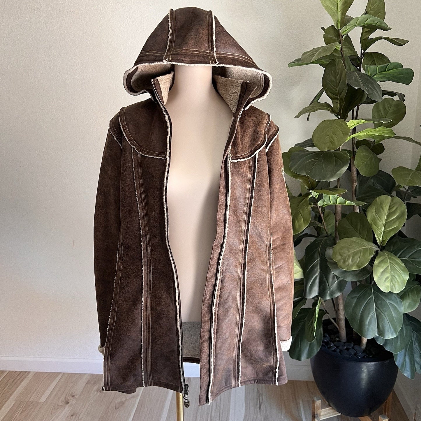 NWOT Kuhl XL Women's Dani Sherpa Trench Brown Wool Faux Leather Removable Hood