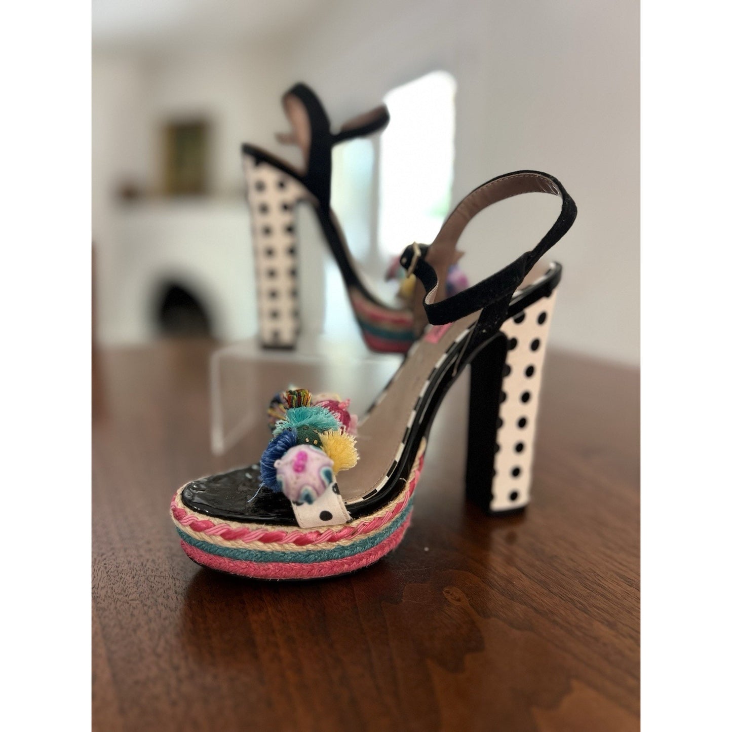Betsey Johnson Polka Heeled Pom-Pom Adorned Platform Sandals Size 6