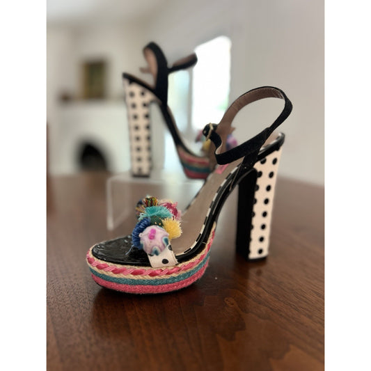 Betsey Johnson Polka Heeled Pom-Pom Adorned Platform Sandals Size 6