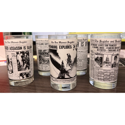 Vintage Libbey Set of 6 Historic Newspaper Headlines Juice Glasses