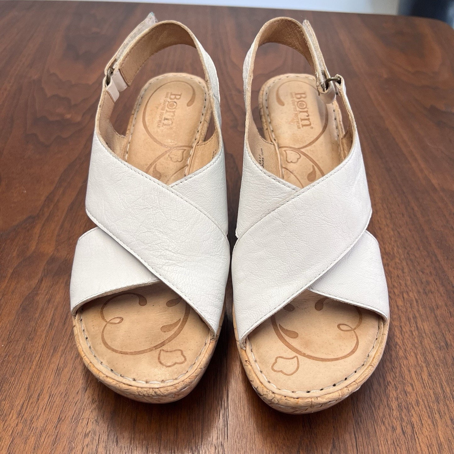 Born 8M Jenni Leather Cork Wedge Platform Sandal Slingback White Ankle Strap