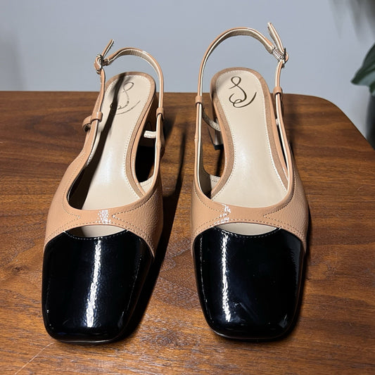 Sam Edelman Tarra Slingback Pump (9) Tan Black Patent 2” Block Heel Cap Toe