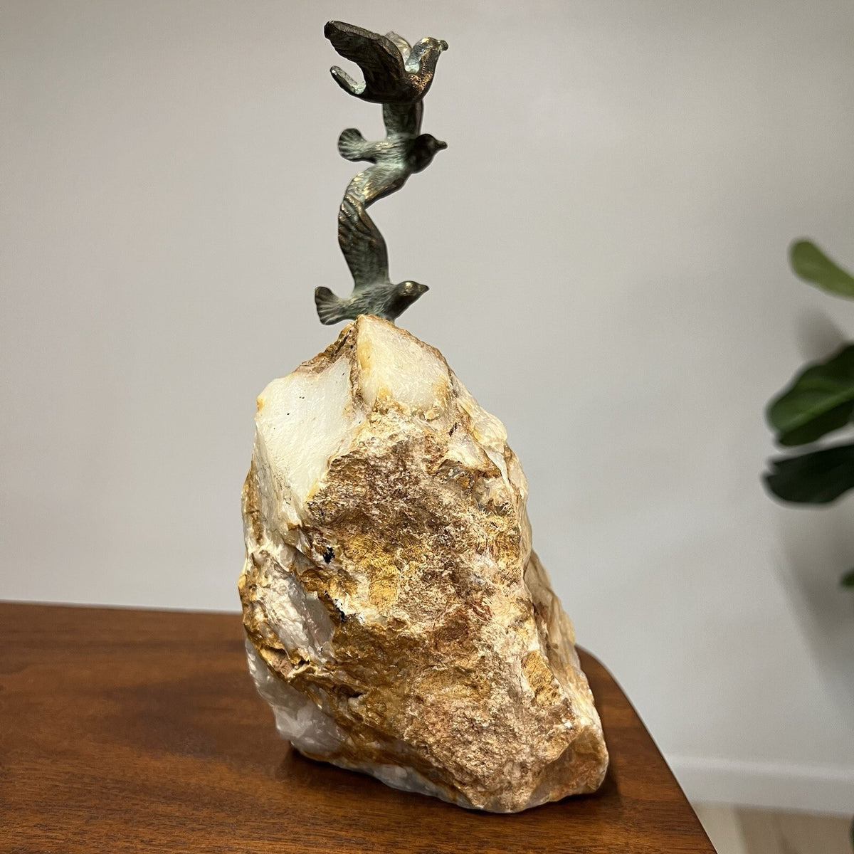 Signed Sculpture Birds In Flight Bronze And Quartz