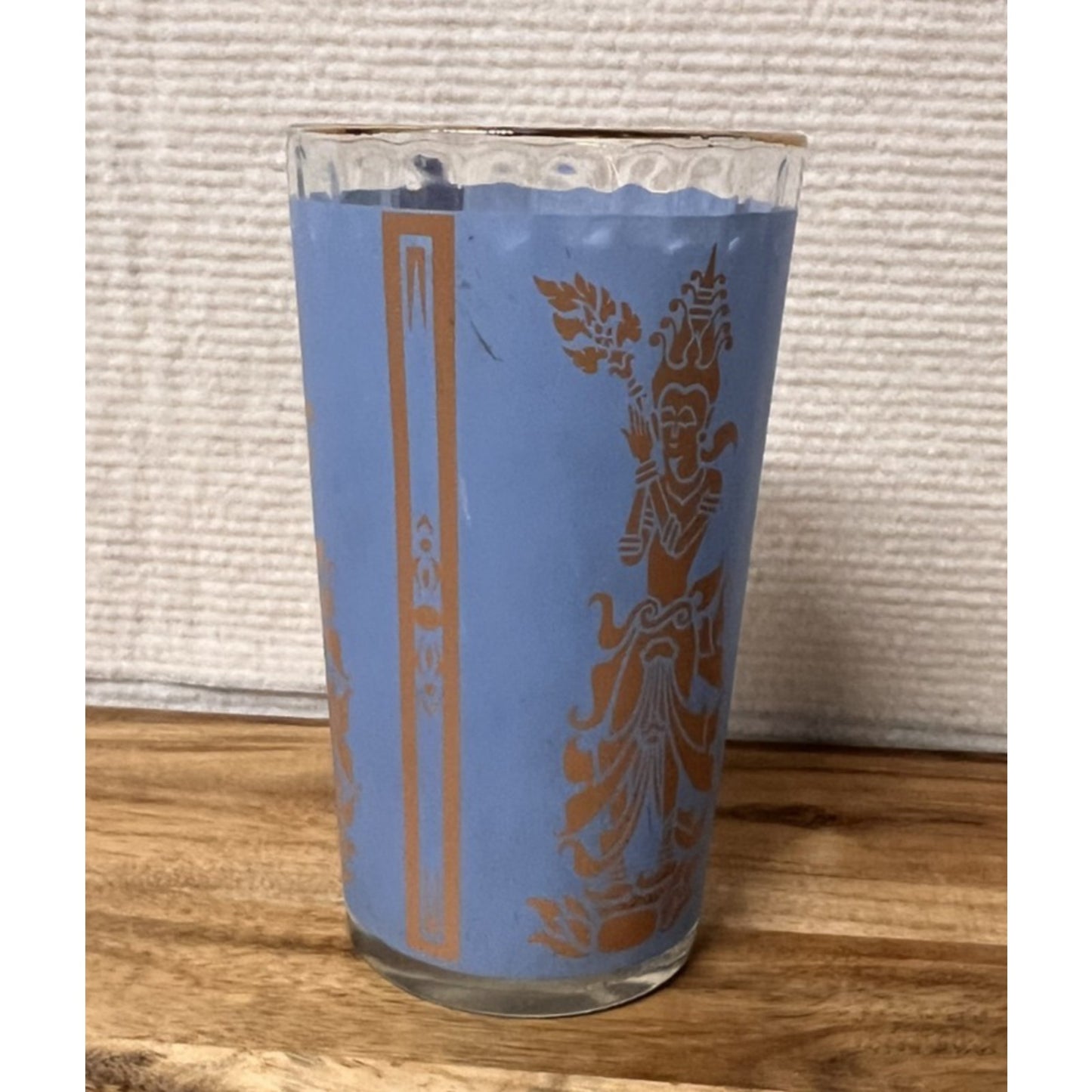 Vtg MCM Culver Blue Gold "Mandalay" Thai / Siam Goddess Highball Glass Tumbler