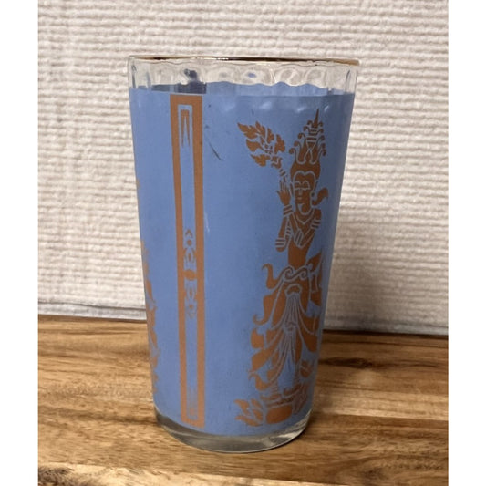 Vtg MCM Culver Blue Gold "Mandalay" Thai / Siam Goddess Highball Glass Tumbler