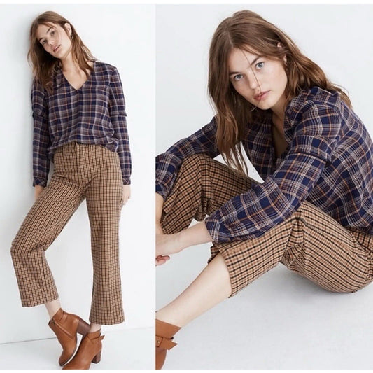 Madewell XXL Plaid V Neck Long Sleeve 100% Cotton Ruffle Blue Brown Top Shirt