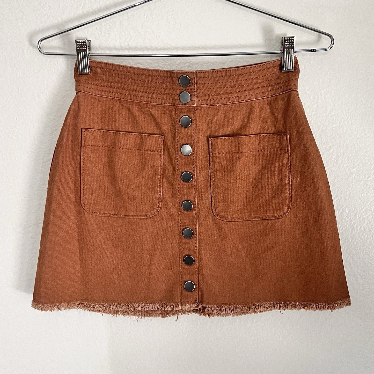 Madewell XS High-Waist Snap Button Up Retro Mini Skirt Brown Cutoff Raw Hem