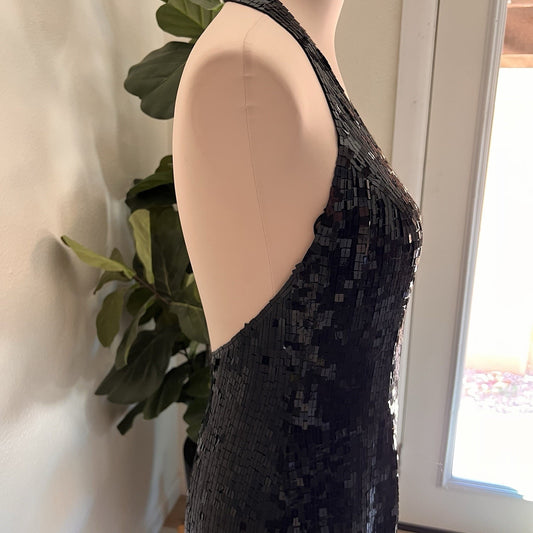 Vintage Basix II Silk Sequin Halter Evening Gown Cocktail Backless Prom Dress