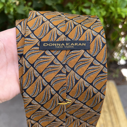 Donna Karan Short Silk Designer Mens Necktie Classic Black Gold Tie Unique