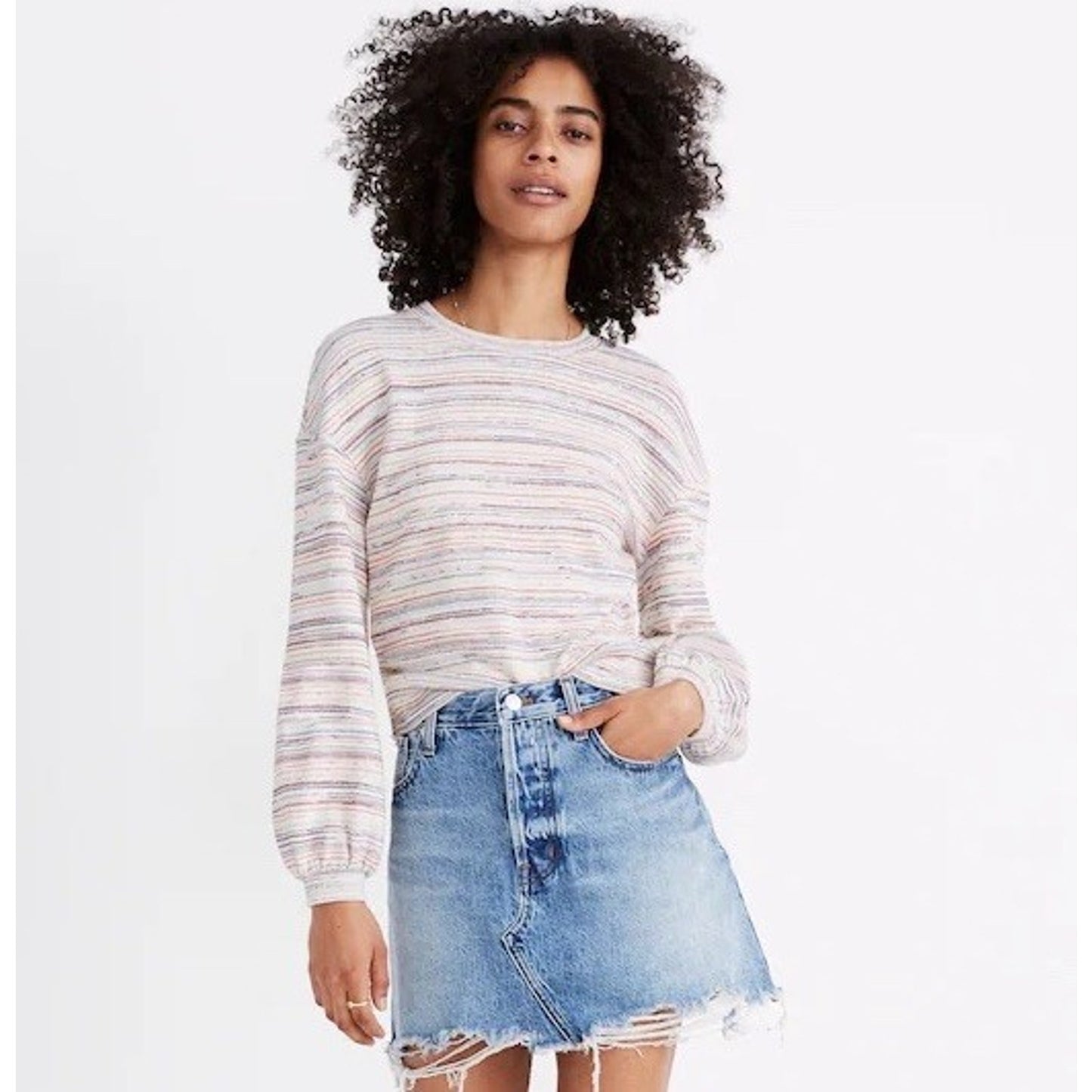 Madewell Sweater (S) Bubble Sleeve Crop Rainbow Stripe Retro Whimsy Dopamine
