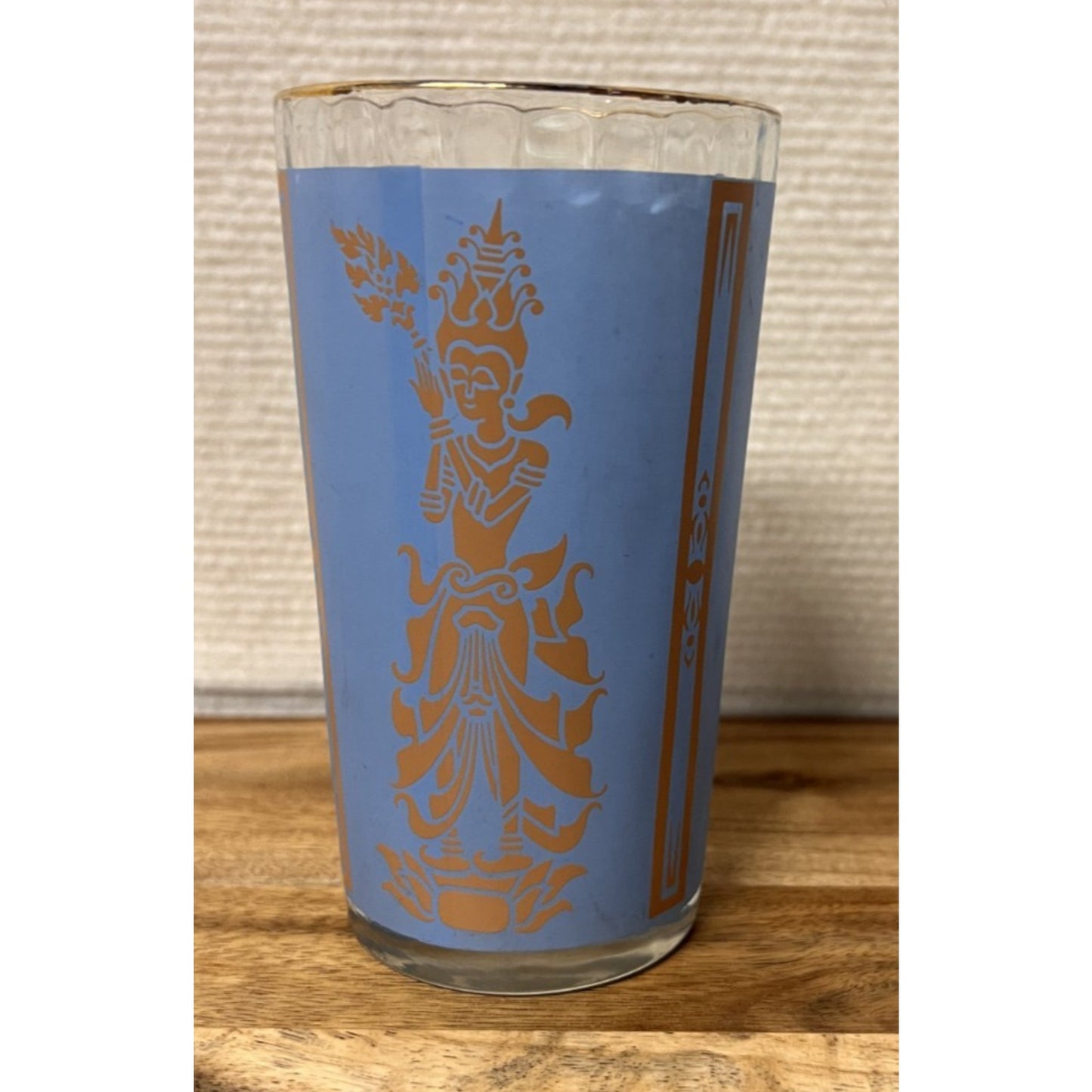 Vtg MCM Culver Blue Gold "Mandalay" Thai / Siam Goddess Highball Glass Tumbler