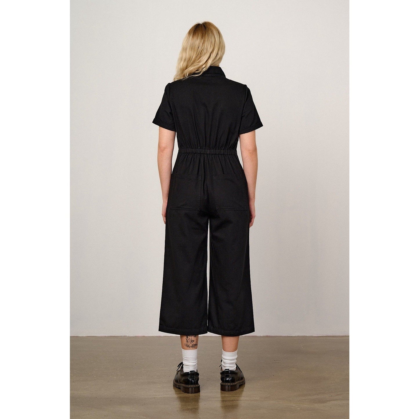 LUCY YAK Ragan Jumpsuit (12) Black Short Sleeve Wide Leg Cropped Elastic Waist