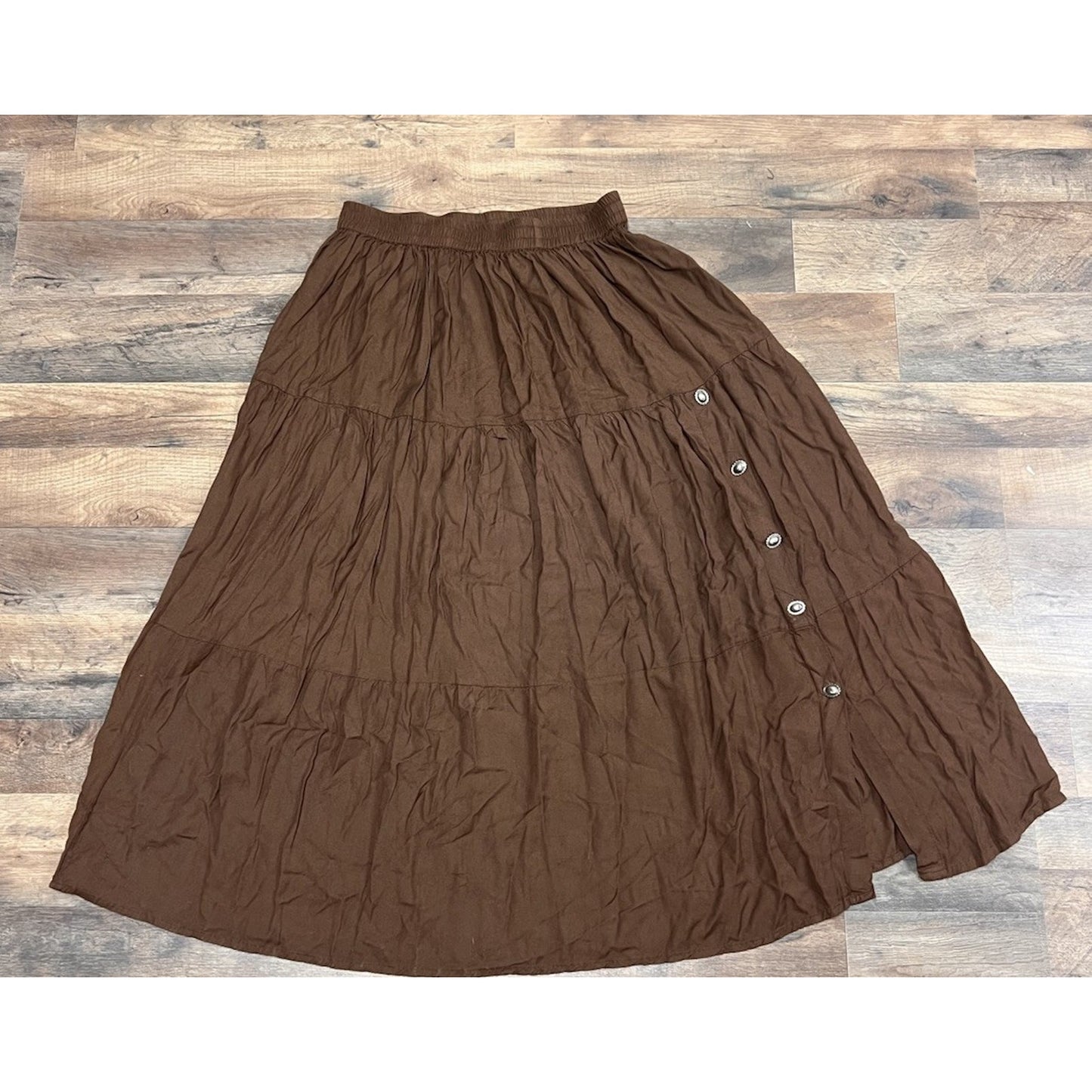 Crazy Cowgirl Brown Tiered Maxi Skirt Women L Western Boho Concho Button Prairie