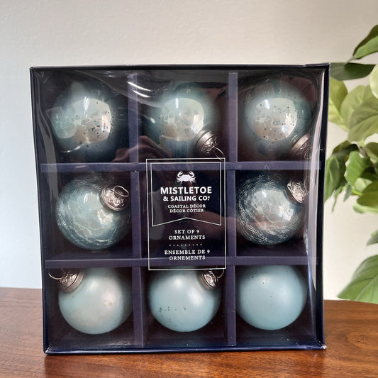 Set of 8 Mistletoe & Sailing Christmas Ornaments Coastal Beach Crackle Glass