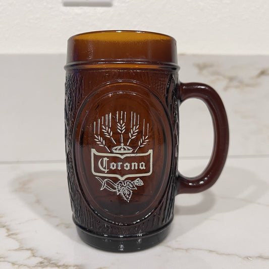 Vintage Corona Beer Amber Glass Barrel Bar Mug Stein Double Sided Logo