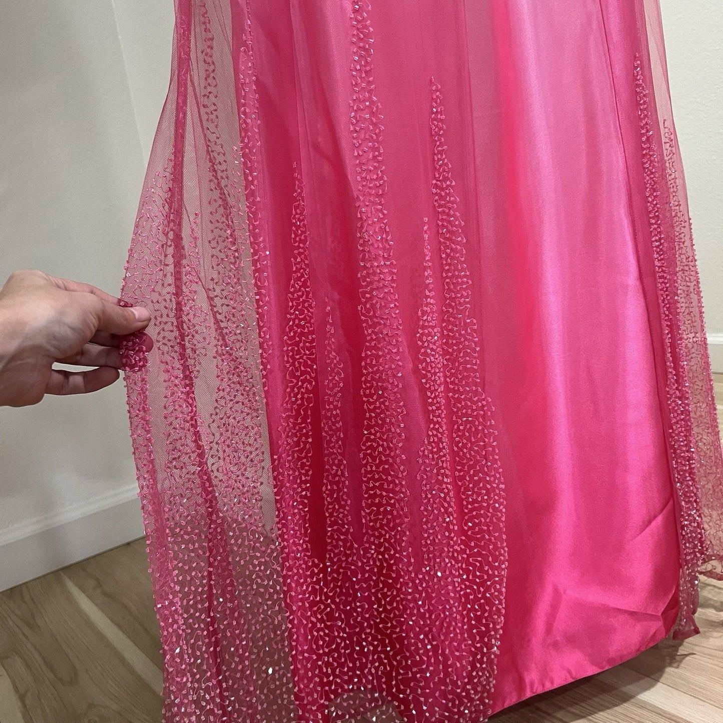 90s Y2k Caché Dress (6) Ethereal Fairy Beaded Hot Pink Barbie Sheer Prom Glam