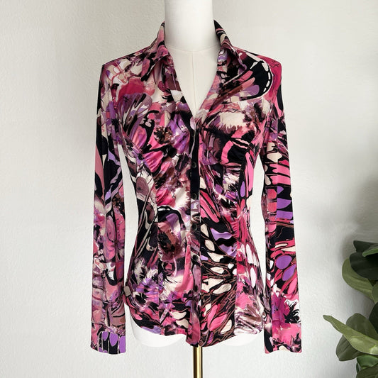 CACHÉ Button Up Blouse Y2K Pink Purple Abstract Butterfly Pearl Snap Watercolor
