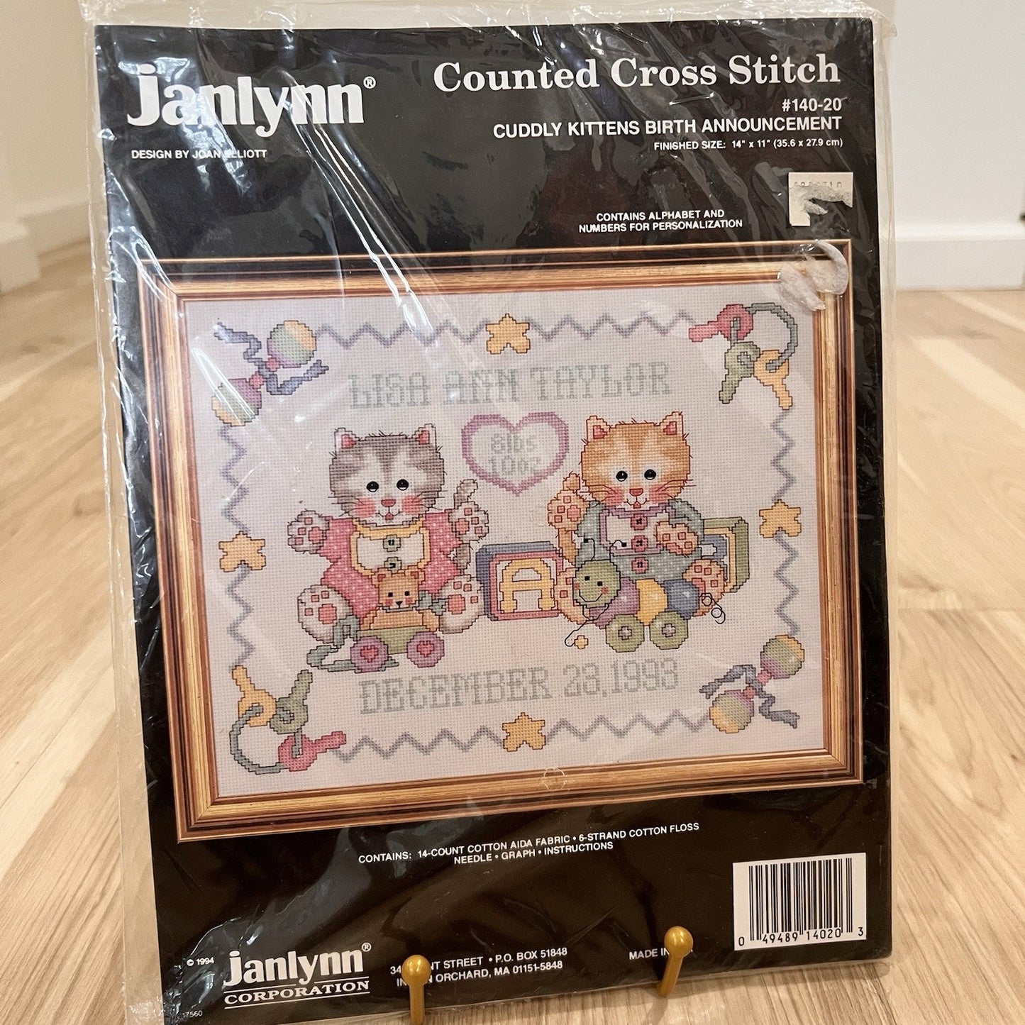 Vintage Janlynn Cross Stitch Cuddly Kittens Birth Announcement 14x11” Cat Baby